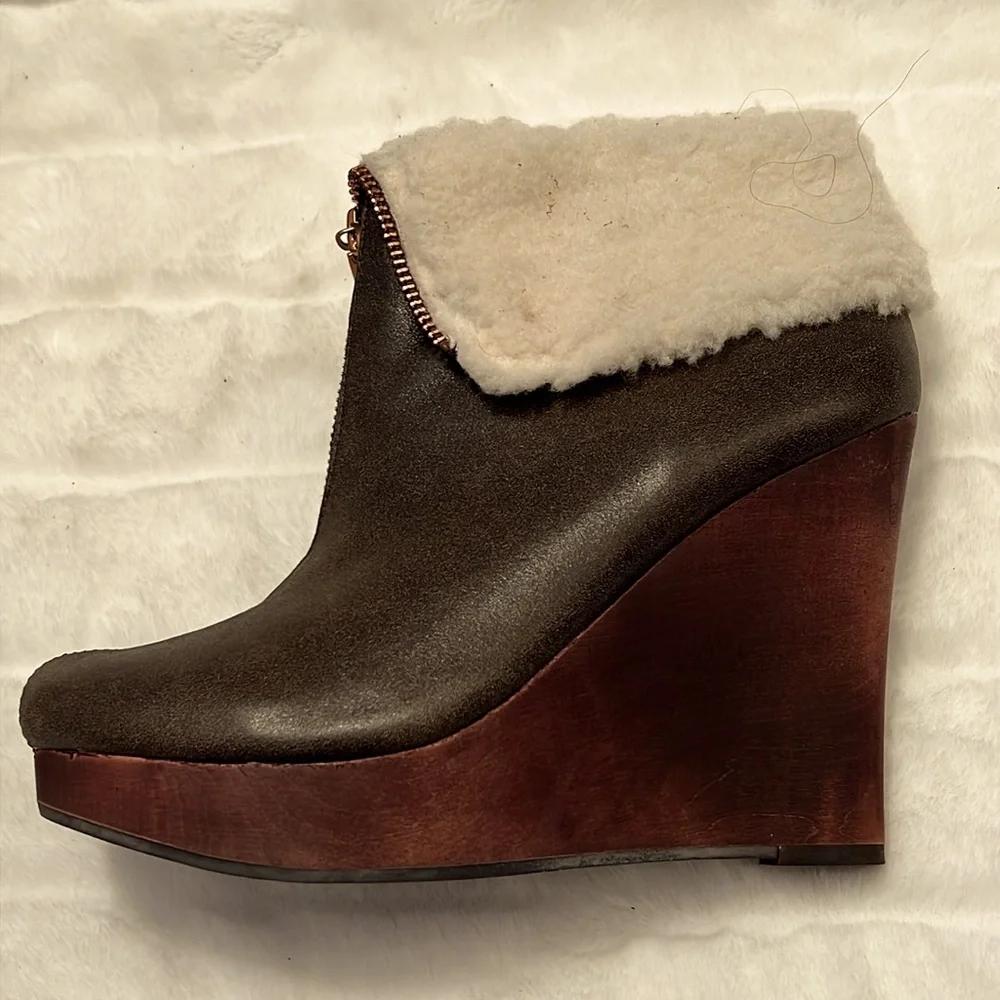 NEW Matt Bernson Brown Leather Zip Wedge Heel Bootie w/ Faux Sherpa Trim